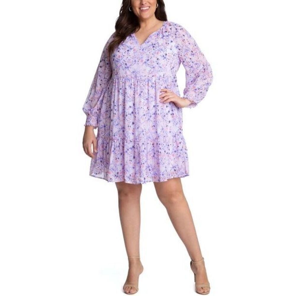ADYSON PARKER Floral Tiered Puff Long Sleeve Dress In Strawberry Cream Combo NEW